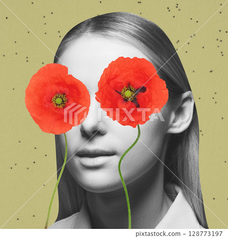 Woman covering her eyes with red poppy flower blossoms 128773197