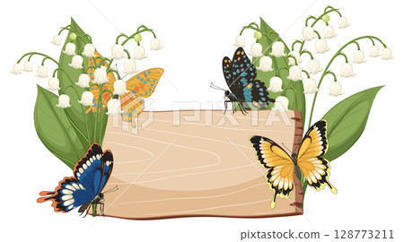 Butterflies and Lily of the Valley on Wooden Sign 128773211