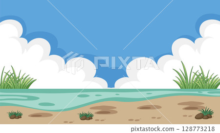 Cartoon Riverbank Landscape with Blue Sky and Clouds Cartoon Riverbank Landscape with Blue Sky and Clouds 128773218