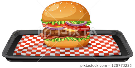 Classic Cheeseburger on Checkered Tray Illustration Classic Cheeseburger on Checkered Tray Illustration 128773225