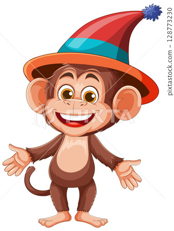 Cheerful Monkey in Colorful Clown Hat Illustration 128773230