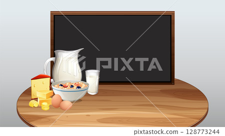 Breakfast Essentials on Wooden Table with Blackboard 128773244