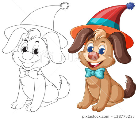 Cheerful Cartoon Dog in Clown Hat Illustration 128773253