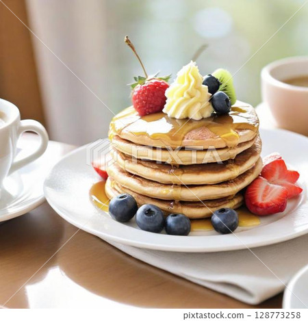 Delicious pancakes topped with cream Delicious pancakes topped with cream 128773258