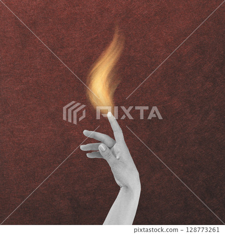 Abstract collage of woman hand and fire flame Abstract collage of woman hand and fire flame 128773261