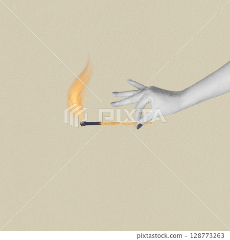 Abstract collage illustration of woman hand holding wooden match with fire flame Abstract collage illustration of woman hand holding wooden match with fire flame 128773263
