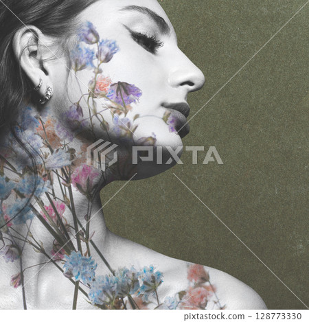 Beautiful woman with flower ornate face portrait 128773330