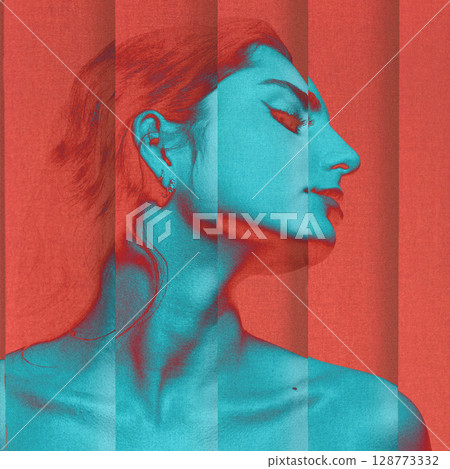 Abstract collage illustration of sensual woman portrait on red background 128773332