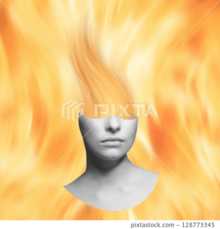 Surreal collage illustration of woman portrait with flames Surreal collage illustration of woman portrait with flames 128773345