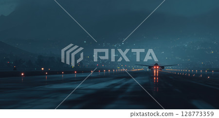 An aircraft taxis on illuminated runway during misty morning, creating serene atmosphere 128773359