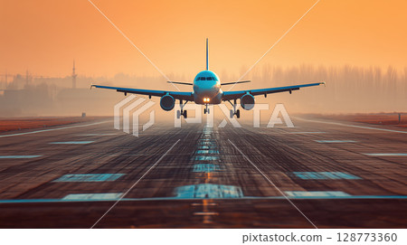 Lone aircraft taxis on illuminated runway at sunset, creating dramatic and serene atmosphere 128773360