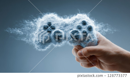 Hand holds cloud shaped gaming controller, symbolizing cloud gaming technology and innovation 128773377