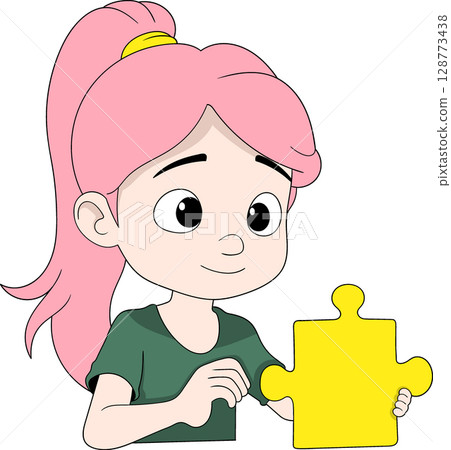 Cartoon Girl Holding Puzzle Piece Cartoon Girl Holding Puzzle Piece 128773438