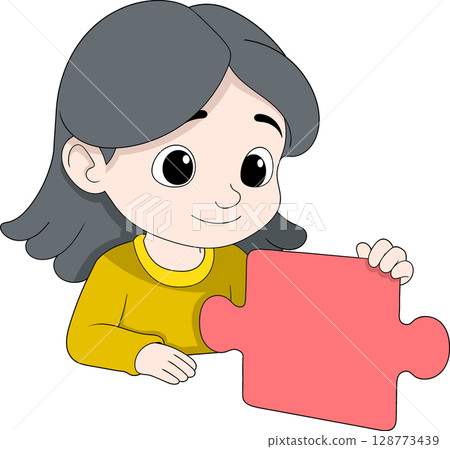 Cartoon Girl Holding Red Puzzle Piece Cartoon Girl Holding Red Puzzle Piece 128773439