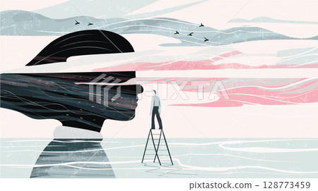 Mindfulness and self-analysis, flat vector illustration. Man exploring large mother figure. Childhood trauma concept in psychotherapy, dreams, freedom, loneliness psychoanalysis. 128773459
