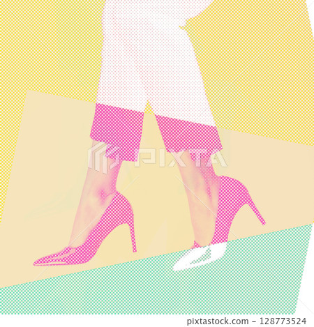 Woman with slim legs wearing high heel shoes and costume pants in RGB colors split effect Woman with slim legs wearing high heel shoes and costume pants in RGB colors split effect 128773524