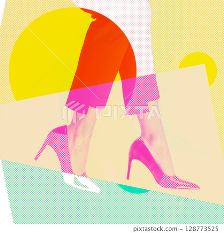 Woman with slim legs wearing high heel shoes and costume pants in RGB colors split effect 128773525