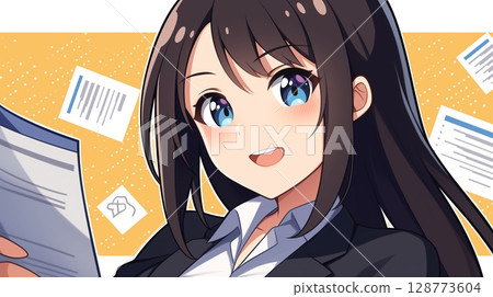 一位美麗的動漫女孩正在做收入和支出報告 一位美麗的動漫女孩正在做收入和支出報告 128773604