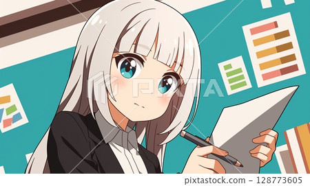 一位美麗的動漫女孩正在做收入和支出報告 一位美麗的動漫女孩正在做收入和支出報告 128773605