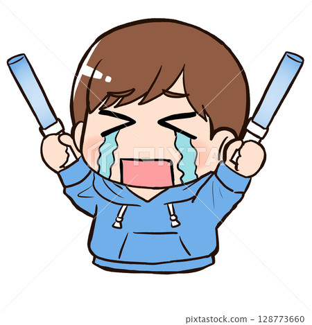 哭泣的男孩拿著筆電 128773660