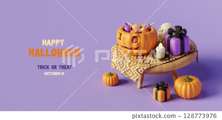 Halloween celebration themed table setup with pumpkins and treats. 3D render illustration 128773976