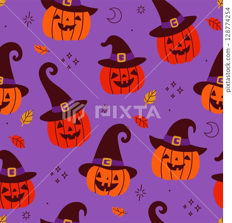 Seamless pattern with Halloween pumpkins in witch hats. Vector graphics. Seamless pattern with Halloween pumpkins in witch hats. Vector graphics. 128774254