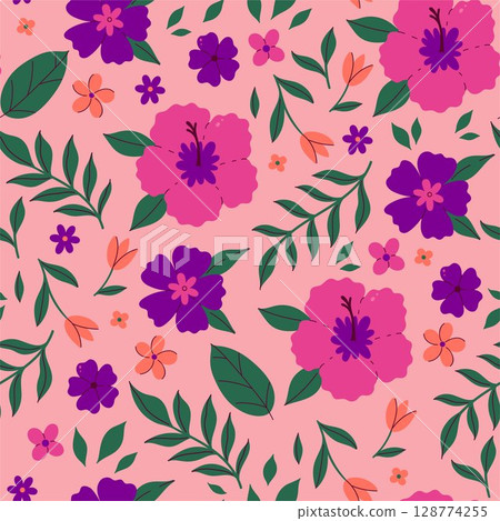 Seamless tropical floral pattern with hibiscus. Vector graphics. Seamless tropical floral pattern with hibiscus. Vector graphics. 128774255