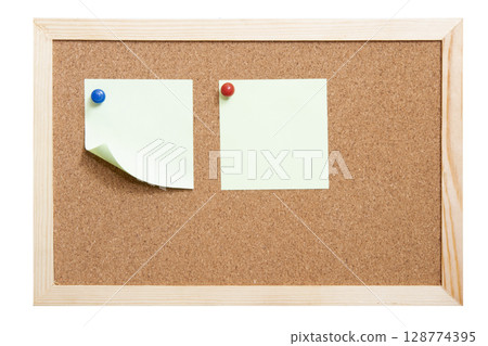 Paper notes sticky in Cork board. note papers on an old wood frame. 128774395