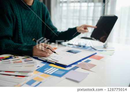 UX graphic designer planning application process development prototype wireframe for web smart phone. UX graphic designer planning application process development prototype wireframe for web smart phone. 128775014