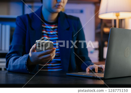 Businesswoman hand using smart phone laptop and tablet with social network 128775150