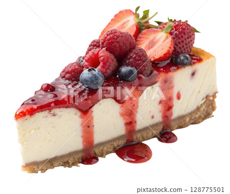 Indulge in a delectable slice of creamy cheesecake crowned with vibrant fresh berries and a rich berry coulis, perfect for dessert inspiration. Indulge in a delectable slice of creamy cheesecake crowned with vibrant fresh berries and a rich berry coulis, perfect for dessert inspiration. 128775501