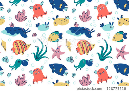 Flat cartoon vector pattern with exotic sea animals and tropical fish. Seamless underwater background with sea dragons, sea bunnies, Dumbo octopus, bobtail squid, corals. Marine life, nature design Flat cartoon vector pattern with exotic sea animals and tropical fish. Seamless underwater background with sea dragons, sea bunnies, Dumbo octopus, bobtail squid, corals. Marine life, nature design 128775516