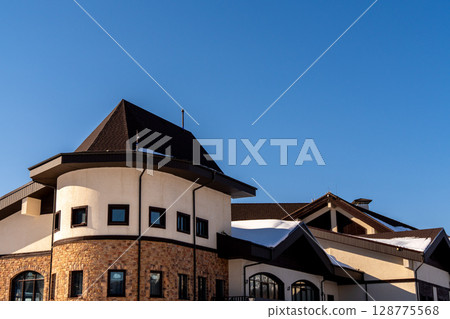 Building Architecture Design, Modern House Exterior, Winter Sunny Day: Architectural Details, Snow Roof 128775568