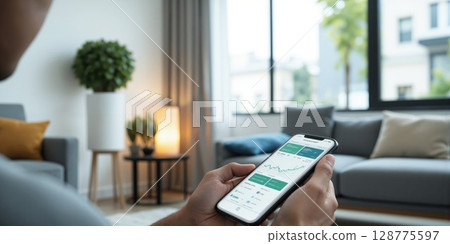 Personal Finance Apps - User Monitoring Investment Portfolio on Mobile App A user is reviewing their diverse investment portfolio on 128775597