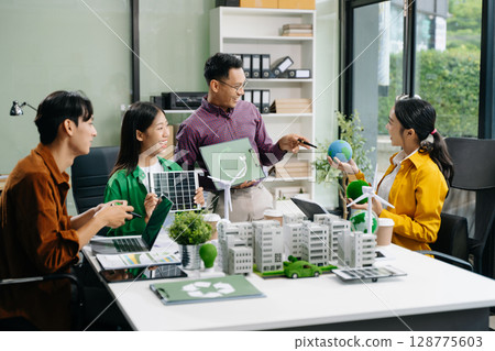 business team people planning and discussing on recycle reduce reuse policy symbol in office meeting room. 128775603