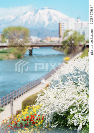 Beautiful Iwate mountain and Kitakami river with flowers blooming in Spring season, cityscape against blue sky in Morioka city, Iwate prefecture, Japan. famous Landmark Travel and Vacation destination Beautiful Iwate mountain and Kitakami river with flowers blooming in Spring season, cityscape against blue sky in Morioka city, Iwate prefecture, Japan. famous Landmark Travel and Vacation destination 128775684