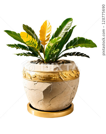 Zamioculcas in stone pot with gold accents, natural sunlight, floating display, premium photography, clear background 128775690