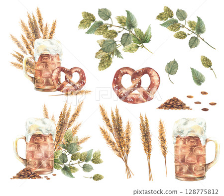 Pint of Beer set. Beer mugs with pretzel, hops and malt brewing ingredients. Hand painted Natural foamy beverage for drink menu, brewery label. Watercolor isolated clipart set make your own 128775812