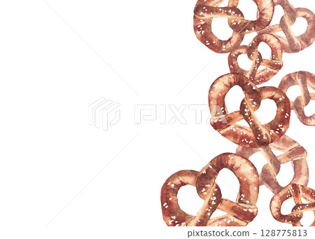 Pretzel with or without salt rectangular frame. Traditional German bretzel. Watercolor hand drawn Oktoberfest traditional food, Germany baked snack illustration Isolated from white background template Pretzel with or without salt rectangular frame. Traditional German bretzel. Watercolor hand drawn Oktoberfest traditional food, Germany baked snack illustration Isolated from white background template 128775813