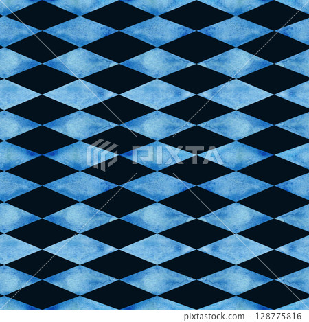 Watercolor Blue rhombus on dark background seamless pattern. Hand painted isolated illustration. Geometric repeating design for fabric, napkin, tablecloth, Beer label, packaging, wallpaper print. 128775816