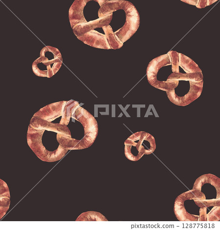 Pretzel seamless pattern German snack, traditional bread product. Watercolor hand painted baked food without salt repeating design for fabric, tablecloth on isolated dark brown background illustration 128775818