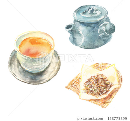 Watercolor illustration set of roasted green tea 128775899
