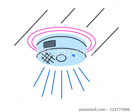 Flat cartoon vector illustration of smart smoke detector on ceiling with Wi Fi control. Wireless home safety device, modern fire alert system, smart home automation, interior security Flat cartoon vector illustration of smart smoke detector on ceiling with Wi Fi control. Wireless home safety device, modern fire alert system, smart home automation, interior security 128775906