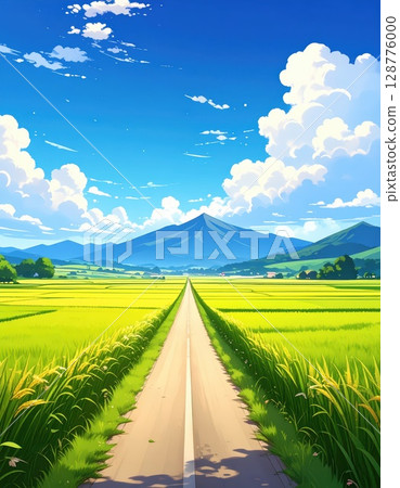 AI image: A road running through a field in the countryside in summer 128776000