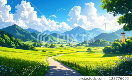 AI image: A road running through a field in the countryside in summer 128776003