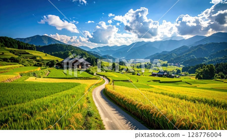 AI image: A road running through a field in the countryside in summer 128776004