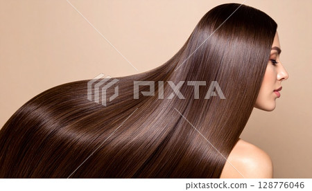 Healthy and shiny dark brown long hair (back view) / Image of hair care and beauty Healthy and shiny dark brown long hair (back view) / Image of hair care and beauty 128776046