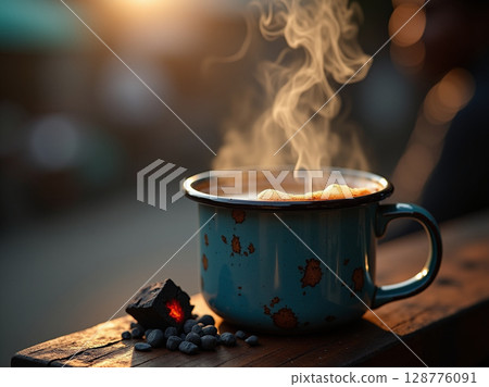 Authentic Indonesian Charcoal Coffee Kopi Arang with Rising Steam and Glowing Ember 128776091