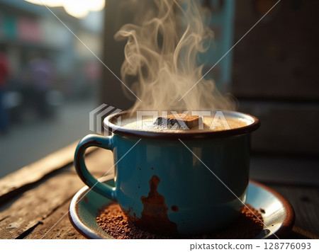 Steaming Charcoal Coffee Kopi Arang with Rustic Charm in Morning Light 128776093