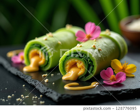 Vibrant Dadar Gulung with Golden Coconut Filling on Slate 128776095